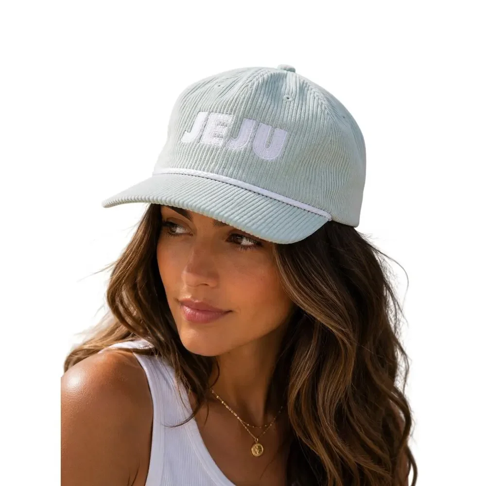 Vintage Y2K Corduroy “JEJU” Baseball Cap Mint Green Snapback Hat Casual Coastal